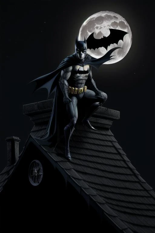 style-gothic-horror, batman perched on a roof top, illuminated by the moon