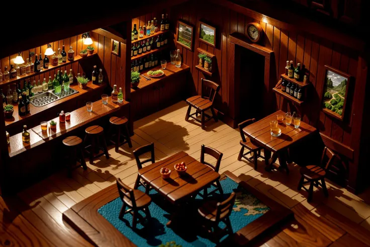 (isometric miniature landscape:1.3) a cozy (medieval) fantasy tavern with tables chairs [bar counter] chimney dark gateway to a backroom
[sun shines through window [god rays] on bar counter], cold gloomy atmosphere, (sculpting the forms in sharp chiaroscuro:1.0), (sharp focus:1.2), (hyper realism:1.0), (highly detailed wood textures), (detailed furniture), detailed background, intricate details, volumetric lighting  <lora:epiNoiseoffset_v2:1.0> <lora:miniature_V1:0.3>