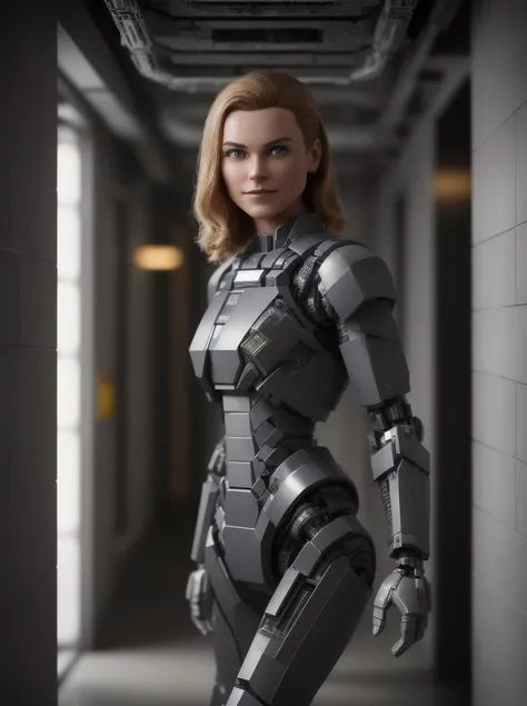 three quarter (close-up:1.15) portrait, low angle, [dancing:walking:5], [lego:15] [robot:android:5], steel body armor, realistic photograph, [blurry, space station, corridor, background::20], circuits, wire, microchips, intricate, highly detailed, plastic bricks, [Iron Man::5], 80mm f/2.5, cinematic lighting, rim light, sharp focus, friendly smile