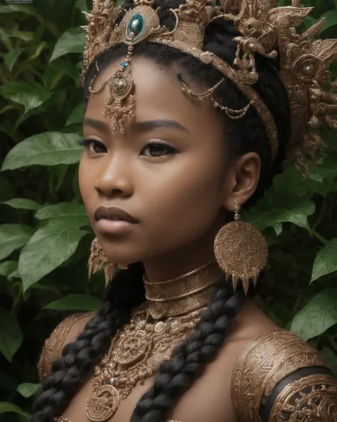 realistic, photograph,
three quarter full-body  portrait, [nubian|african|chinese] warrior queen,
intricate, highly detailed, ornamented robotic parts, crown,
intense, piercing, [robotic|artificial] eyes,
jewelry, tribal tattoo,
lush jungle background, sharp focus,
soft lighting, skin texture, pores, beauty spot, realistic reflections, extremely detailed realistic skin,
80mm, f1.2, National Geographic, Nature