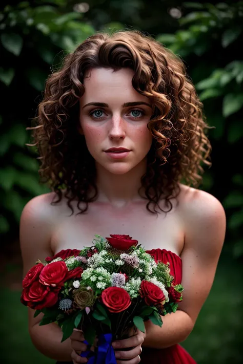 A young woman in her mid-twenties with curly brown hair cascading down her shoulders, wearing a red dress, standing in a lush green garden, holding a bouquet of flowers, looking away from the camera, taken from a low angle, with soft natural light illuminating her face., deep shadows, by lee jeffries nikon d850 film stock photograph 4 kodak portra 400 camera f1.6 lens rich colors hyper realistic lifelike texture dramatic lighting trending on artstation cinestill 800, (night sky:0.8)