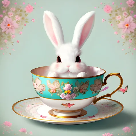 An extremley cute fluffy bunny entrapped in an ornamented tea cup, fantasy, soft turquoise, flowers, butterflies, inpaint nice fantasy background