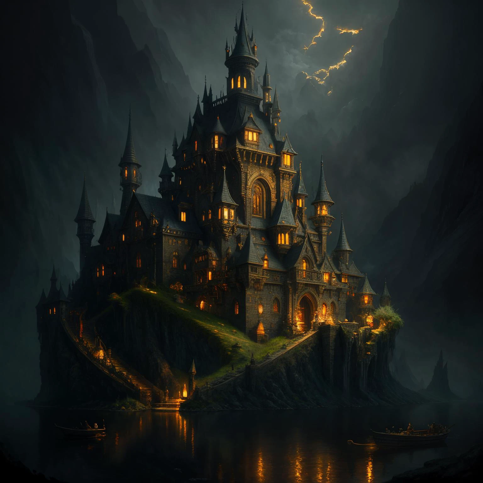 a masterpiece detailed photorealistic painting of a scaled fantasy imagination
dreamy magic vibe, full focus shot, cinematic shot, shimmering lighting, dramatic lighting
(by Zdeněk Burian:0.0) (by John Martin:0.0)