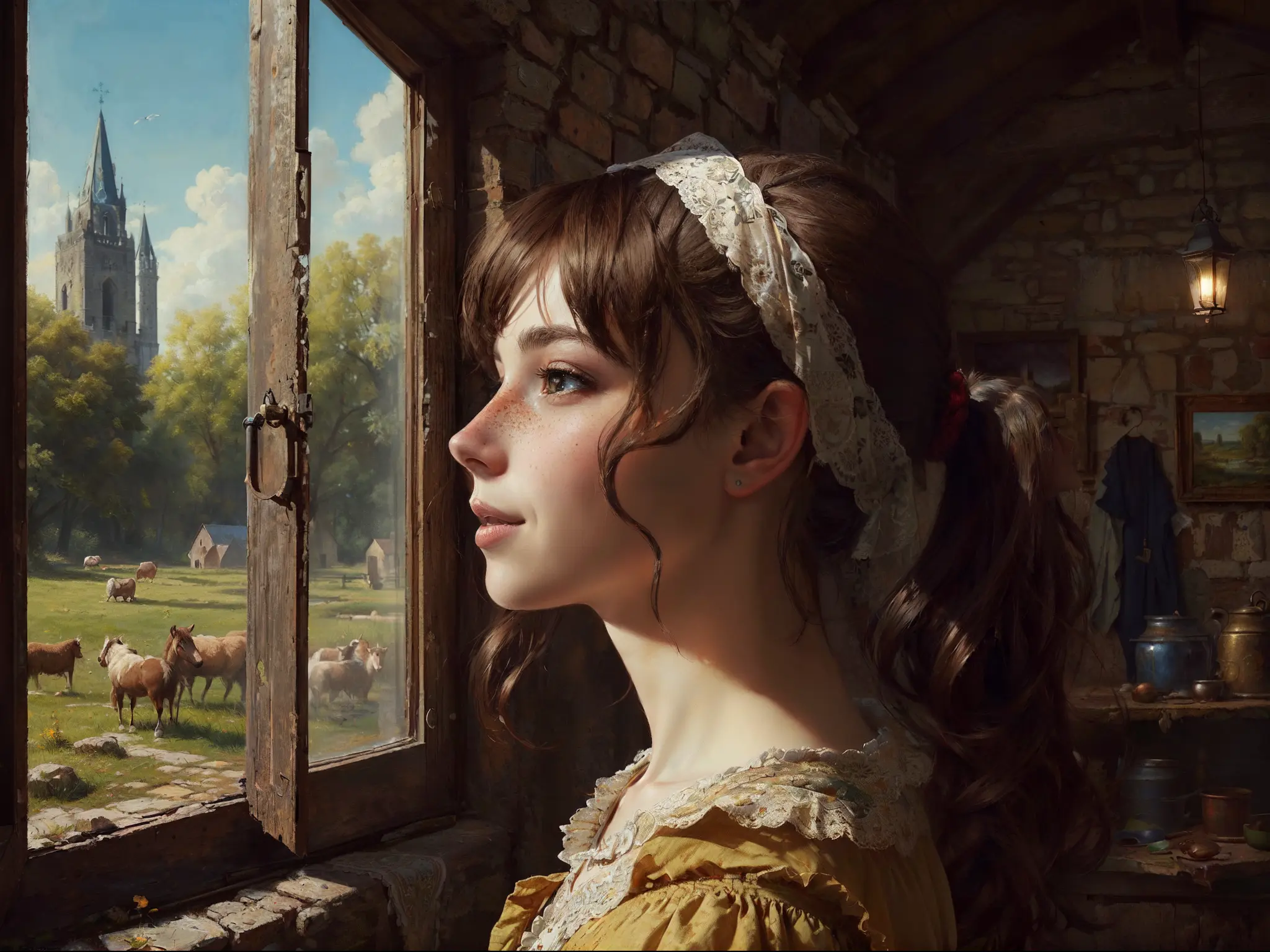1 girl, (person [close shot]), (touching face with right hand: 1.6)
Bright eyes, (eye details), cute, flushed, (smiling), [curly hair], twin ponytails, medieval country girl hairstyle, (), medium build, [freckles]
Medieval country dress, 【turban】
Look up, look, (to the window), look into the camera
Medieval rural background, medieval rural warehouse, medieval rural windows, (environmental elements are rich), depth of field
window light, illuminating people
colorful
Master-level composition, focus on key figures,
Realism, oil painting texture, impasto texture
Masterpiece, award-winning, best quality, masterpiece, ultra detailed, hires, 8K, extremely detailed CG unity 8k wallpaper, intricate, highly detailed, realistic
Art by Ivan I. Shishkin