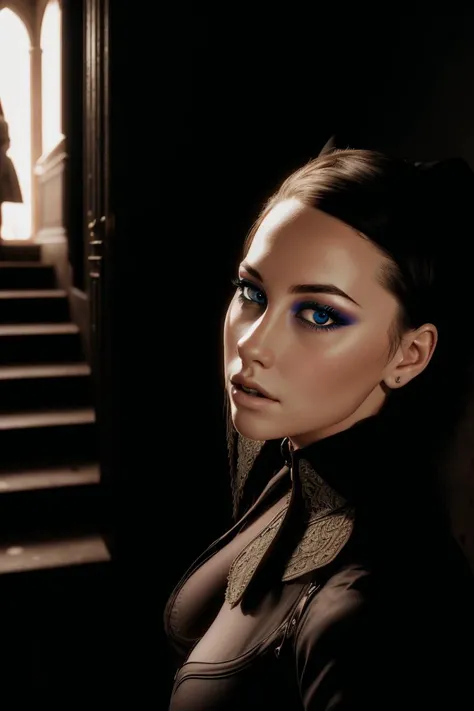 <lora:Ergo:0.8>, ultra realistic 8k cg, masterpiece, ((ultra detailed background, delicate pattern, intricate detail)), (highly detailed, fine details), best quality, 1girl, (photorealistic:1.4),beautiful lighting,  absurdres, RAW photo, film grain, 1girl, solo, blue eyes, eyeshadow, closed mouth, eyeliner, cowbot shot, (inside, complex detailed background, stairway, stairs, old building environment), Re-l, <lora:beautifulDetailedEyes_v10:0.3>