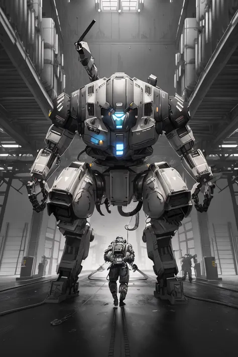 <lora:style-pensketch_v1.3:0.0> pensketch_style, monochrome, black and white, ink sketch,
a <lora:char-allymech:1> multistory bipedal combat xmech robot with turret cannon, thick legs, arms, cockpit,
black knight, in a hangar for repairs, mechbay, scaffolding, hangar, gantry, hoses, wiring, repair crew, welding,