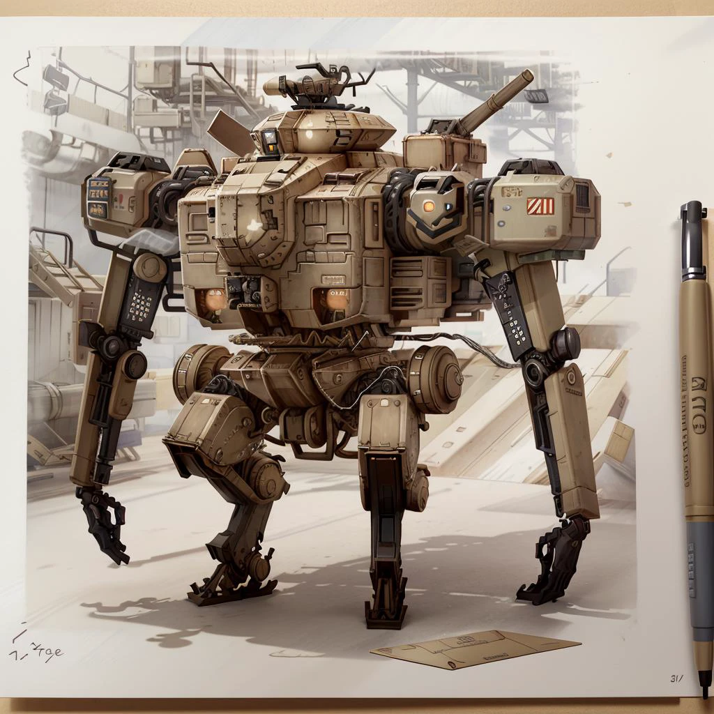 <lora:pensketch_without_pen_lora:0.7> pensketch_style, monochrome, black and white, card \(medium\), sketchbook, crease,
a <lora:allymech:0.8> multistory bipedal dieselpunk mech robot with arm-mounted weapons, arms, thick legs, cockpit, ground crew,
in a hangar for repairs, mechbay, hangar, gantry, hoses, wiring, repair crew, welders, sparks, mechanics,