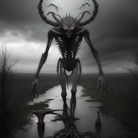 realistic, hyper-realistic, ultra detailed, 8k, photo of giant scary terrible anthropomorphic creature, thin and long, many eyes, many arms, walking on foots, swamp, gray tones, cloudy, photorealistic
