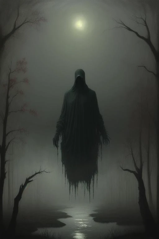 Horror themed painting, faceless specter, haunted swamp, volumetric fog, g0s1, surrealism, nghtmre, <lora:g0s1 - Ghost:0.5>