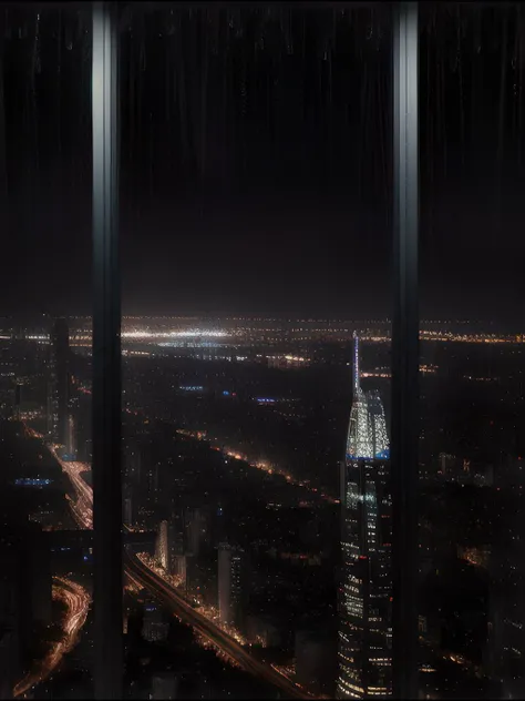 realistic, hyper-realistic, ultra detailed, 8k, professional photo of night city through a window, raindrops on the glass, blurred lights, beautiful atmosphere