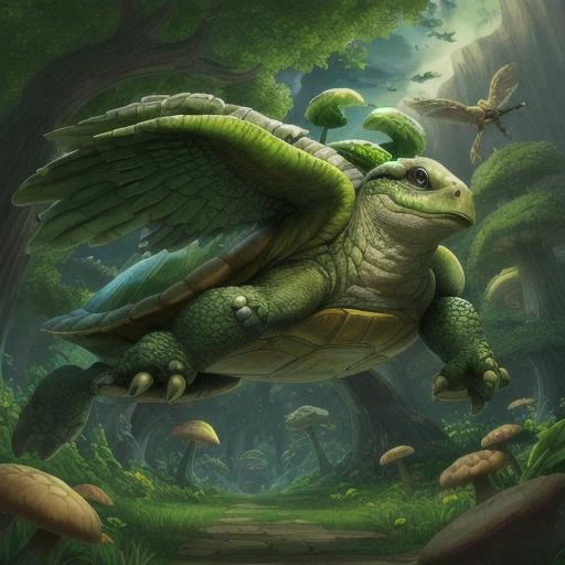a green-shelled, green-skinned Koopa turtle with feathered wings, taking a flying leap, in a grove of giant fanciful mushrooms