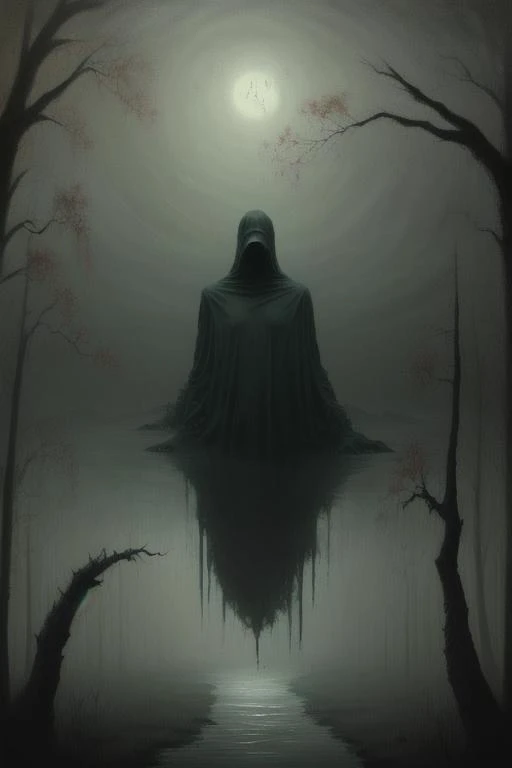 Horror themed painting, faceless specter, haunted swamp, volumetric fog, g0s1, surrealism, dreamlikeart, <lora:g0s1 - Ghost:0.6>