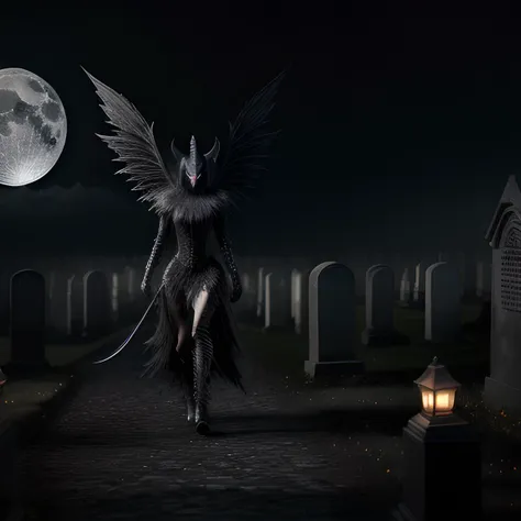 realistic, hyper-realistic, ultra detailed, 8k, photo of black demoness walking, black wings, cemetery, night, moonlight, darkness,