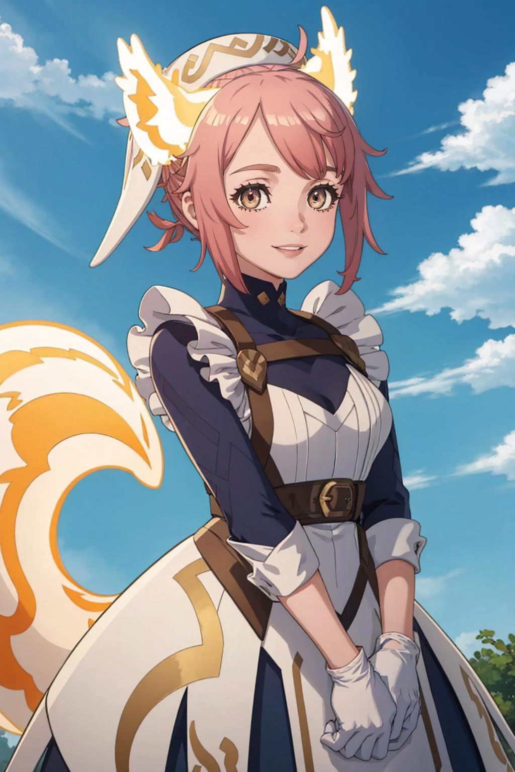 masterpiece, best quality, solo, 1girl, smile, looking at viewer, <lora:ratatoskr-fe-richy-v1:1>, ratatoskr, headdress, animal ears, dress, apron, white gloves, <lora:FE-ENGAGE S Rank_Fp:1>, sky, cloud