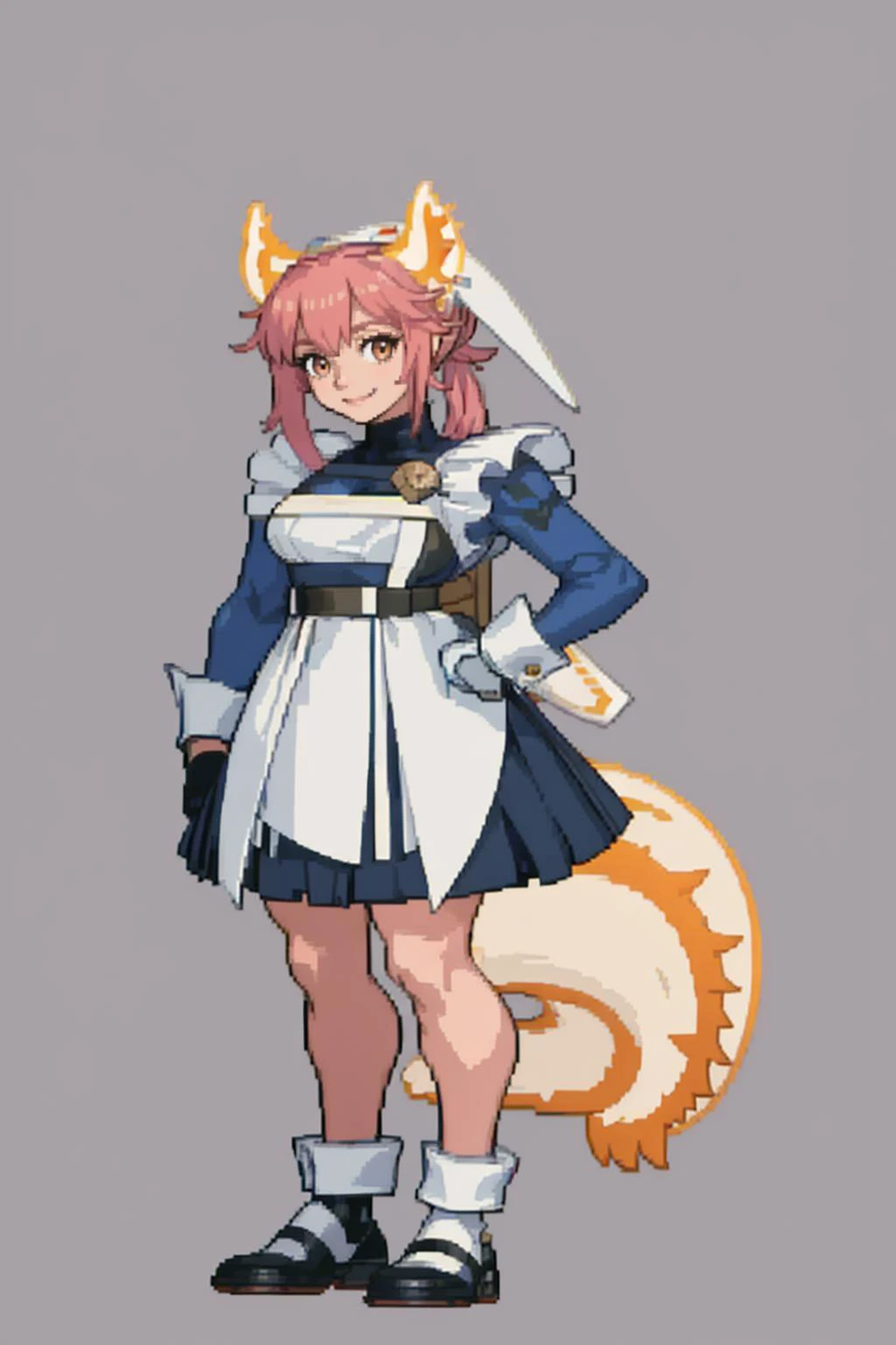 masterpiece, best quality, solo, 1girl, smile, looking at viewer, <lora:ratatoskr-fe-richy-v1:1>, ratatoskr, headdress, animal ears, dress, apron, white gloves, <lora:Cps2V3test_Fp:0.8>, simple background, full body, standing,
