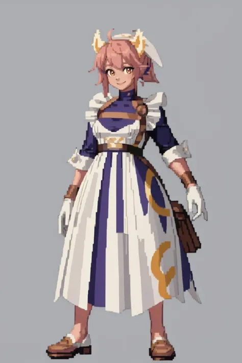 masterpiece, best quality, solo, 1girl, smile,  looking at viewer,   <lora:ratatoskr-fe-richy-v1:1>, ratatoskr, headdress, animal ears, dress, apron, white gloves,   <lora:SNK-Kof_sprites_Fp:0.8>, simple background, full body, standing,