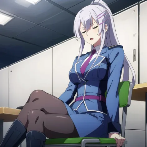 <lora:froleytia:0.7> froleytia, 1girl, solo, breasts, open_mouth, skirt, sitting, closed_eyes, ponytail, pantyhose, boots, necktie, uniform, military, military_uniform, chair, crossed_legs