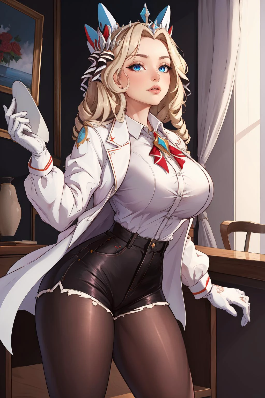 (masterpiece, best quality, absurdres, 4k, aesthetic, detailed, intricate),1girl,nikkecrwn,tiara, hair ribbon, drill hair, drill locks, white jacket, white shirt, frilled shirt, broach, high-waist shorts, pantyhose, gloves <lora:crown-nikke-richy-v1:0.9>