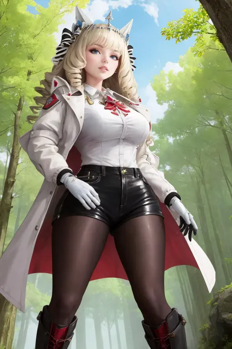 masterpiece, best quality, 1girl, solo, <lora:crown-nikke-richy-v1:1>nikkecrwn, tiara, hair ribbon, drill hair, drill locks, white jacket, white shirt, frilled shirt, broach, high-waist shorts, pantyhose, gloves, long legs, boots, wide hips, looking at viewer, parted lips, from below, outdoors, forest, fantasy, walking
