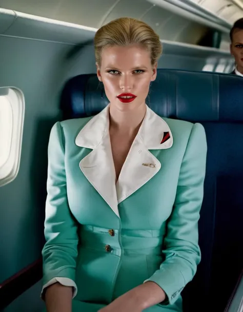 the Netherlands, <lora:LaraStone:1> Lara Stone, a dutch model, 23 year old, posing working as a stewardess on a plane, decently clothed, professional lighting, year 1940 styling, professionally color graded cinematic film, fashion shoot, tack sharp