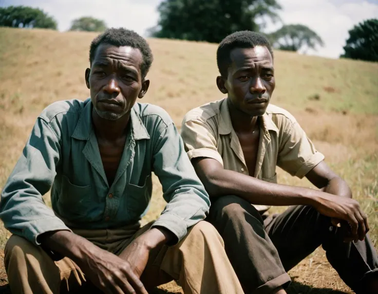 photograph, Regret, Bantu a couple of men, 1940'S, Resting on a diagonal, Kodak Portra 160, Starlight, Canon R5, Peaceful, 50mm