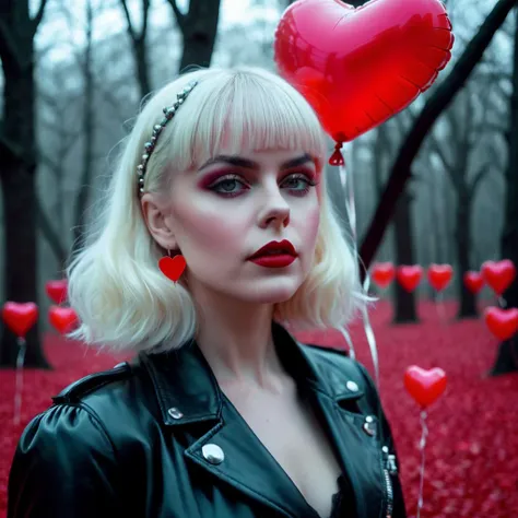 A woman holding several heart shaped balloons in trees, in the style of health goth, portraiture with emotion, valentine hugo, natalia drepina, close-up shots, photo-realistic techniques, valentine penrose captivating gaze, dignified poses Canon EOS 1200p, neon, black light, DSLR, maxim, selfie, poster, pastel colors, rudi giger, cinematic lighting, 3d, creepy, evil theme, ethereal, floral, ghostcore, gothic, paranormal, romantic, vaporwave, harlem renaissance, bay and gable architecture, decora kei outfit, dumb blonde, carnival style, red liquid, sinister, Antichrist, motherboard background blurred, rope, redrum