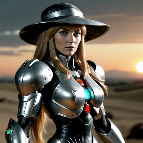 octane render, Awful (Samus Aran and Gabrielle Anwar:1.1) , Oathbreaker, dressed in Wide-brimmed hat, Movement pose, Black and Silver Wrinkles, background, at Dawn, Panorama, art by Philip Wilson Steer, spotlit, Ambrotype, glimmering transformation, sharp and in focus