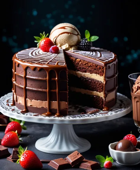 cake, ice cream, chocolate, intricate detail ,dark background , HD, 8k, Photography,