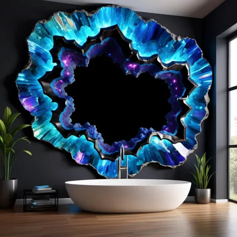 Blackreach Geode, Iridescent, deep in a realm of black and neon blue, In Wall Decal art style, best quality, masterpiece