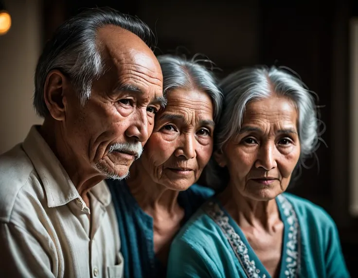 photograph, Nikon d3300, sharp and in focus, 50mm, Accent lighting, Old Eastern Couple, dramatic lighting, Nikon d850, Depth of field 270mm