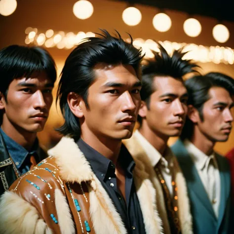 photograph, bokeh, Arcane Navajo 5 men of Louis Vuitton, Stand-up comedy, one of their hair is Dreamlike, volumetric lighting, Kodak Ektar 100