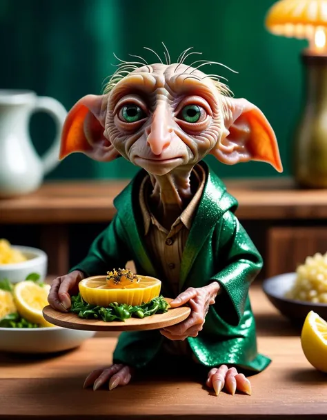 gourmet food photo of Mythical heavyset (Dobby:1.1) , wearing Business dark green Surfer clothing, One Hand in Pocket, Beehive hair, soft natural lighting, macro details, vibrant colors, fresh ingredients, glistening textures, bokeh background, styled plating, wooden tabletop, garnished, tantalizing, editorial quality