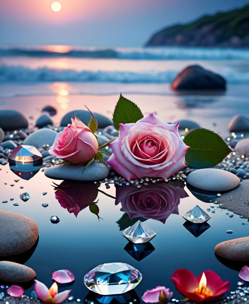 waning moon. flowers roses, stones transparent and diamond crystal in water, on the beach, fantasy, smoke , photo, HD, 8K ,