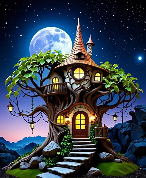 a tree in branches, fairy fantasy house, vines, reminiscent . night, moon, rocks