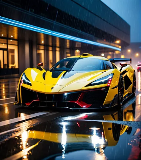 armored heavy hypercar, light trail, night, rain, reflections