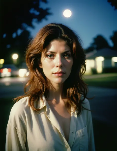 photograph, Ethereal Lighting, volumetric lighting, Low shutter, Kodak Ektachrome E100, Lomography Color 100, Delightful Marisa Tomei and Predator, One Hand in Pocket, Light hair, F/14, Moonlit