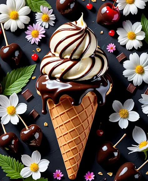 ice cream, chocolate, intricate detail ,dark background , HD, 8k, Photography, high high quality,8K,Many details,Ice cream is like a mountain,Little cherry,chocolate bar,The shape of the rotation is beautiful,adolable,Rich in color,Poster illustration,The foreground is surrounded by wildflowers