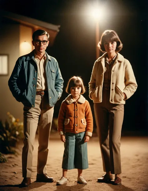 photograph, still, film grain, Family Traveler, the Family are 1960'S, confident stance, Depth of field 100mm, spotlight, Warm lighting