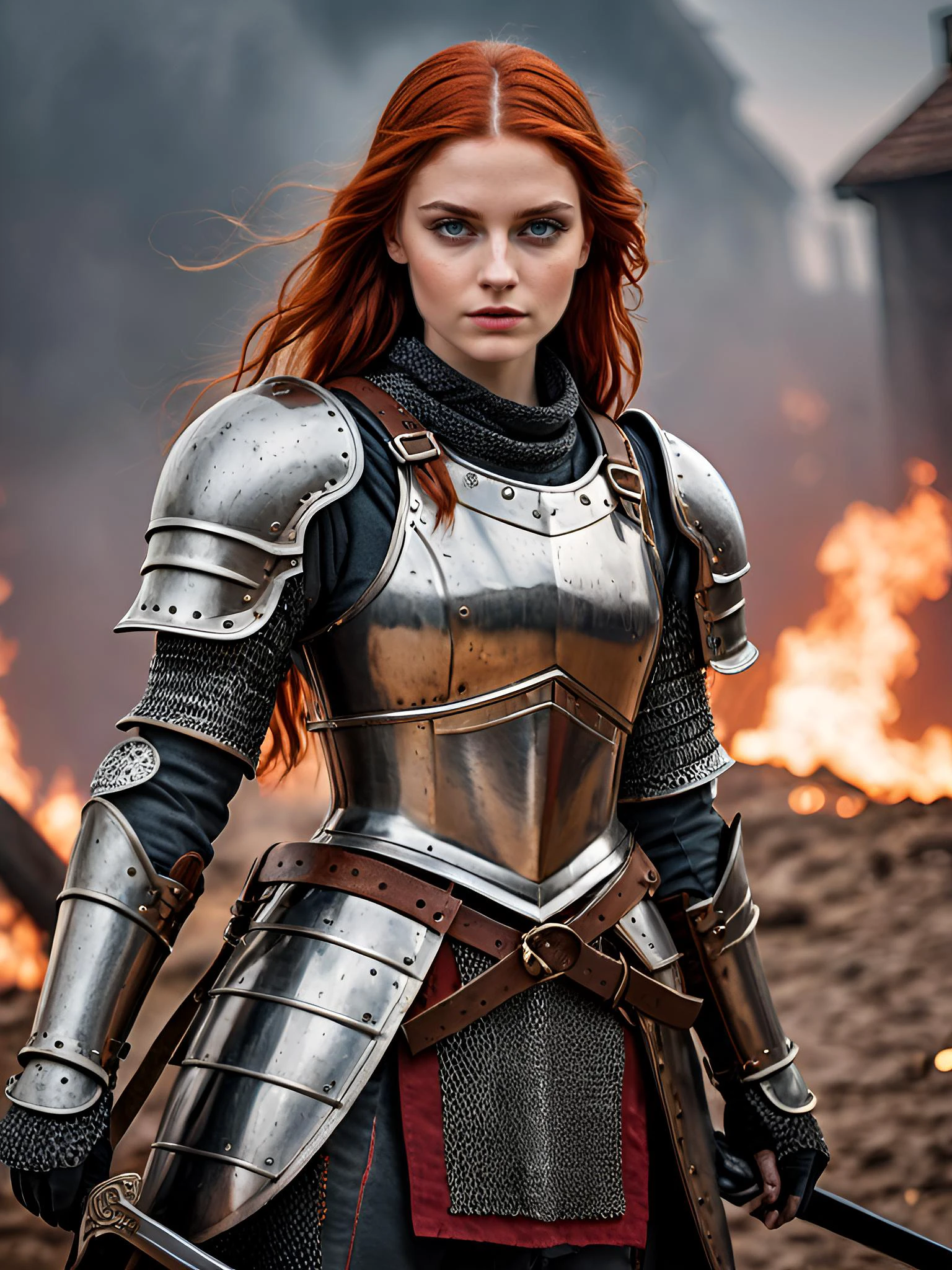 full body photo,8k,sharp focus, beautiful age woman, (detailed eyes:0.8),(highest quality),(best eyeshadow),brown eyes, intricate details, red hair, medieval knight in armor, gritty, dirty, background of a bloody and epic battlefield