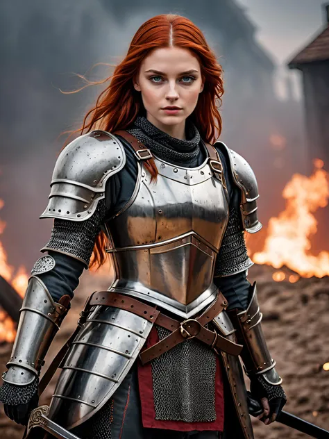 full body photo,8k,sharp focus, beautiful teenage woman, (detailed eyes:0.8),(highest quality),(best eyeshadow),brown eyes, intricate details, red hair, medieval knight in armor, gritty, dirty, background of a bloody and epic battlefield