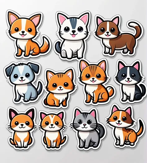 sticker cartoon cute pets, white background, style kawaii, vectorized, 45 degrees view