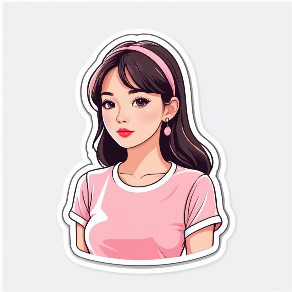 1 sticker, handbook, (a stylish girl, model, pink top, cool and cool), white background, simple background, minimal, cute, tiny, pastel color, vector style, no gradient