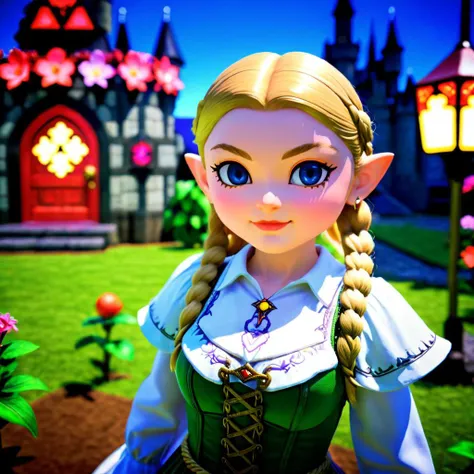 (Best quality, masterpiece, perfect face), (close up, cowboy shot:0.7), (29 y.o woman:1.1), (zelda:1.1) walking through hyrule garden, medieval fantasy royal dress, windy, town square, hyrule castle, legend of zelda, (happy smile:0.9), intricate details, (hyper realism, soft light, dramatic light, sharp, HDR) Canon EOS 1200p, neon, black light, DSLR, maxim, selfie, poster, pastel colors, rudi giger, cinematic lighting, 3d, creepy, evil theme, ethereal, floral, ghostcore, gothic, paranormal, romantic, vaporwave, harlem renaissance, bay and gable architecture, decora kei outfit, dumb blonde, carnival style, red liquid, sinister, Antichrist, motherboard background blurred, rope, redrum
 <lora:add-detail-xl:0.8> <lora:dongsen_xl:0.8> chibi,3D