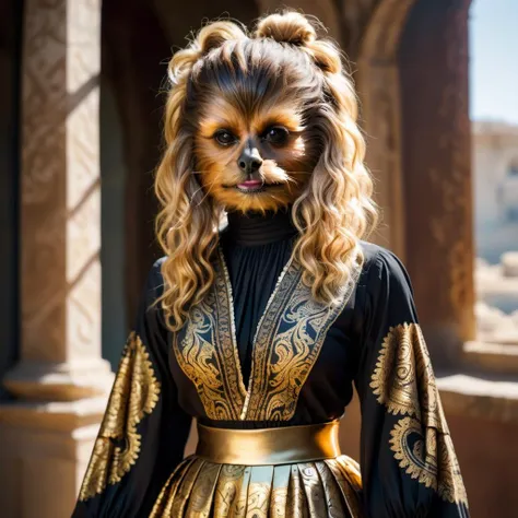 photograph, double exposure, 1600'S tiny Syrian Chewbacca, Chewbacca is wearing a Midi skirt and blouse, The Midi skirt and blouse is Fantastical, It has Paisley designs on it, Gold hair styled as Space buns, Oversaturated, soft lighting, Sunlight