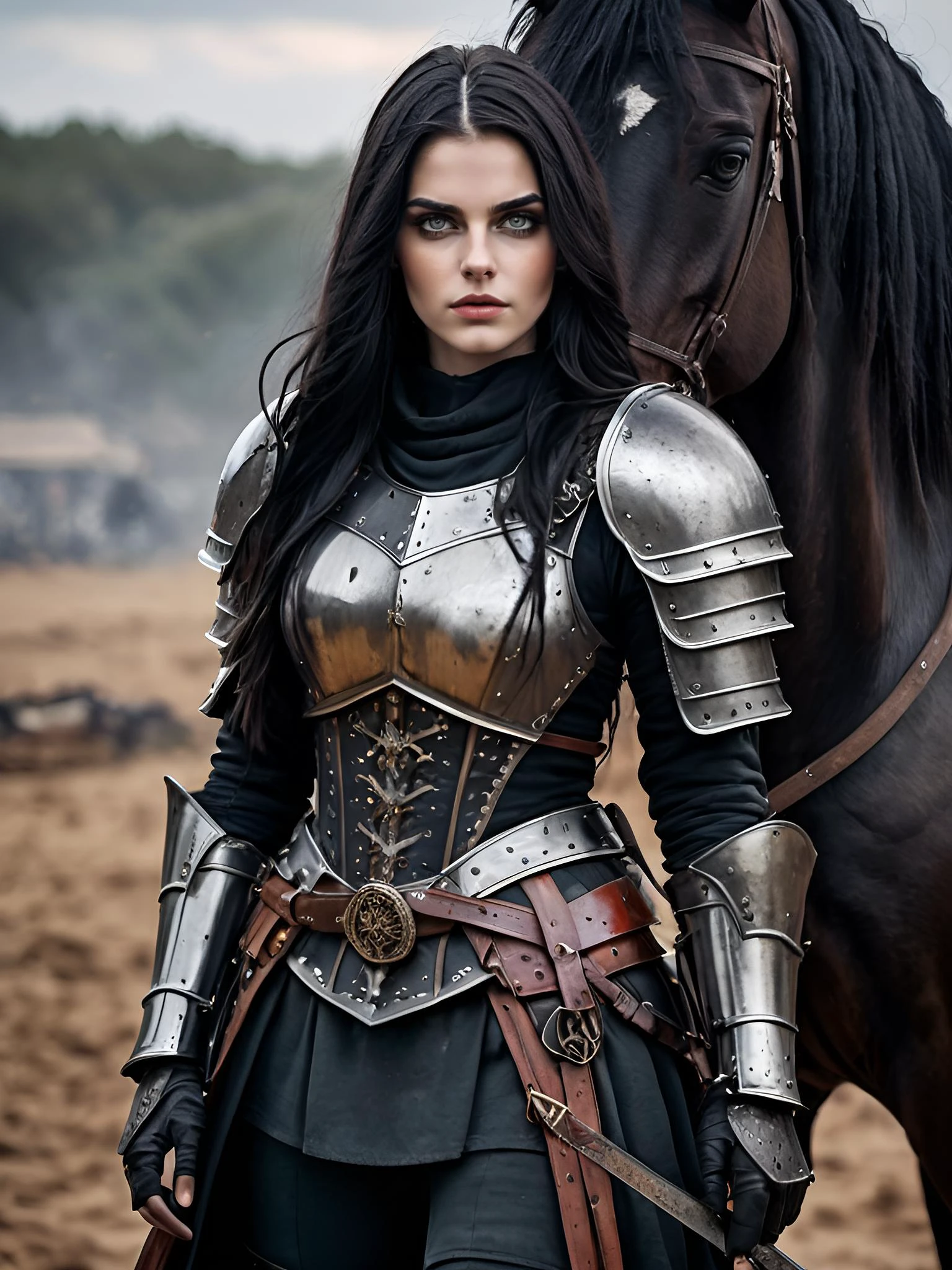 full body photo,8k,sharp focus, beautiful age woman, (detailed eyes:0.8),(highest quality),(best eyeshadow),amber eyes, intricate details, long black hair, medieval knight in armor, gritty, dirty, background of a bloody and epic battlefield