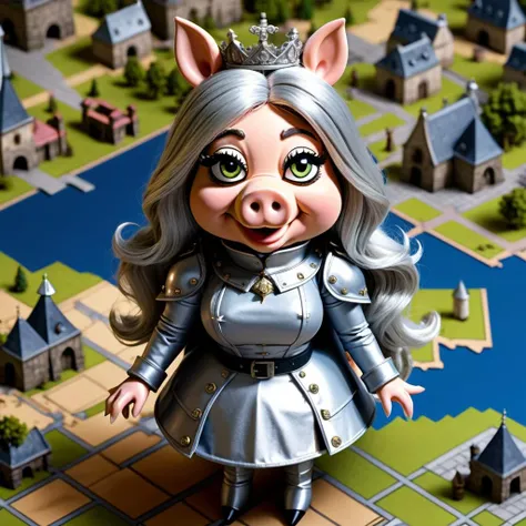 strategy game style tiny [Welsh:French:7] Miss Piggy Templar, the Female is very [Shabby:Intellectual:15], wearing outfit, her hair is Silver, overhead view, detailed map, units, reminiscent of real-time strategy video games