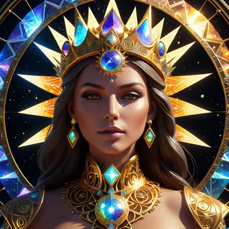 Algorithmically enhanced random close-up view of a sublime female Goddess covered in powerful Ultra Arcane magic sigils wearing an intricate living lightning fractal crown and lavishly adorned attire reflecting tactical sun-motes and diamond moon shards, quasi-cosmic vortex sub-model, bright nebulae in the background, 7th-Sphere characterized, golden ratio-ed, inner bio-illuminated geometry, starkest contrast,flagrantly fibonacci formulated, dynamic bi-lateral asymmetry, super-critically unique, quantum feedback algorithm frenzy, hyper-realistic, post singularity AI imperative, ironically staggered data set, active 3D shading, lighting and focus, random 3D particle effects, rule of thirds, Unreal Engine 10, art station, Maximum Level of detail, concept art, artstation trending,, 8k, Iridescent Primalight, Hawking radiation collector with lucidity crystallizer and grade A temporal accumulator, spontaneous Kozyrev Mirror refraction, cosmic ray visionary, innate Jail Break Protocol