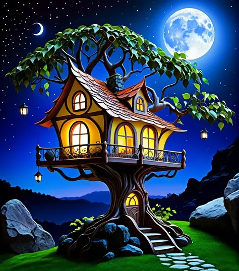 a tree in branches, fairy fantasy house, vines, reminiscent . night, moon, rocks