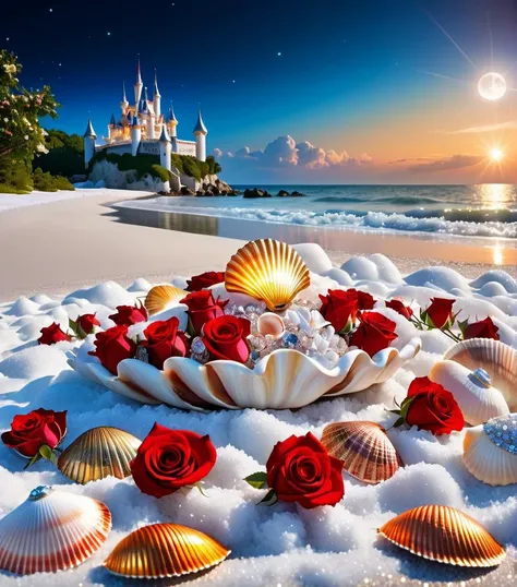 castle, flowers, delicate scene, sky,white clouds,and sunlight shine on the snow-white beach. flowers roses and shiny large shells, diamond crystal, on the beach, fantasy, sky night , moon, smoke , fire, photo, HD, 8K ,