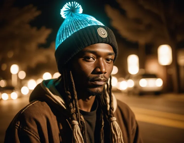 photograph, Cinematic, 50mm, HDR, Black lighting, Parent, dressed in Bioluminescent Mahotella and Beanie, Otherworldly and Angelic, Fujicolor Pro 400H, Sepia filter